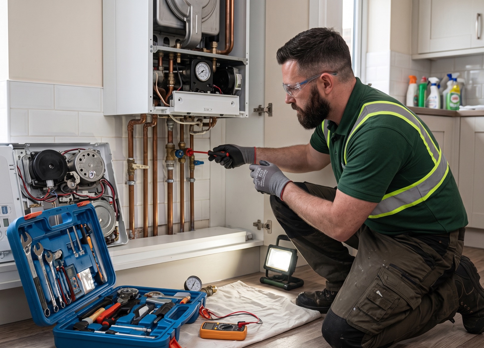 Gas Safe engineer servicing a boiler