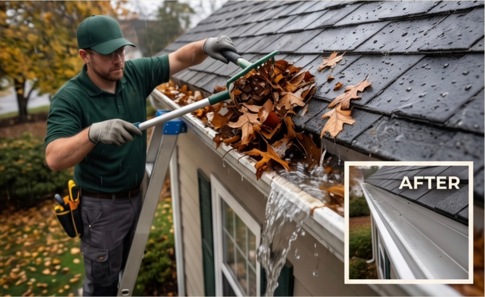 Gutter clearing, before and after